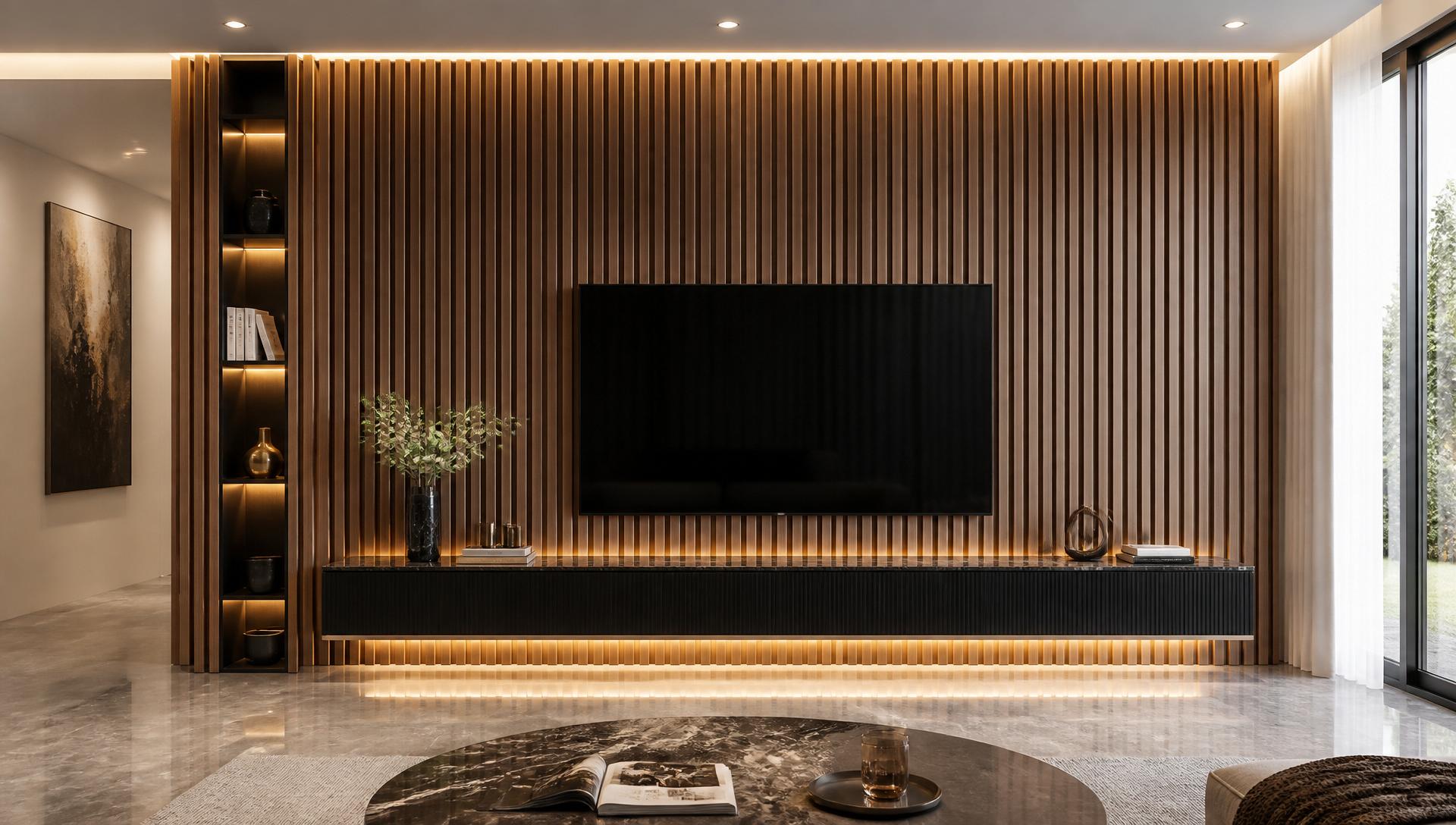 Designer TV unit with wood-slat feature wall